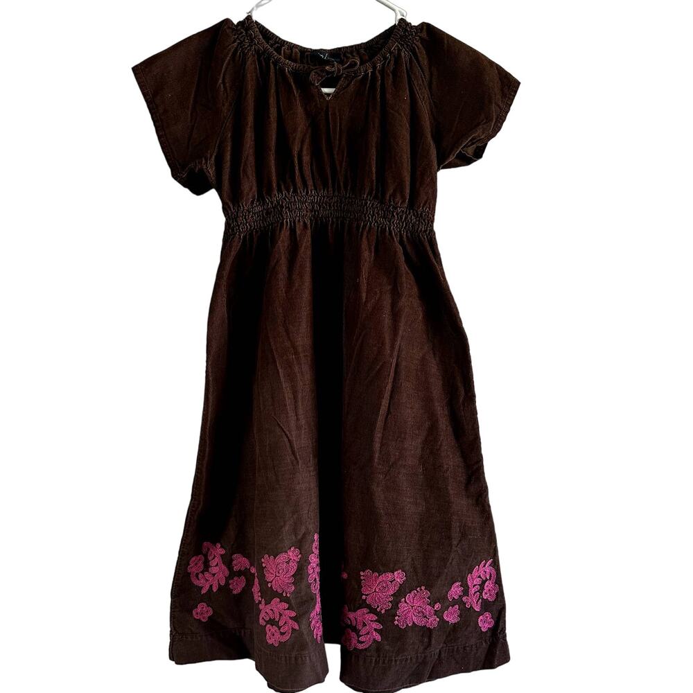 Mini Boden Corduroy A Line Dress Floral Print Hem 100% Cotton Brown 9-10Y